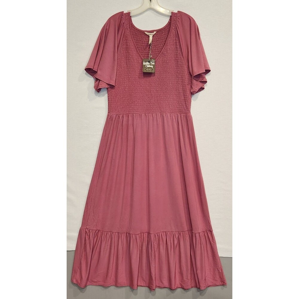 Matilda Jane Large Mauve Smocked Maxi Dress Tire Ruffle Flutter Sleeve NEW